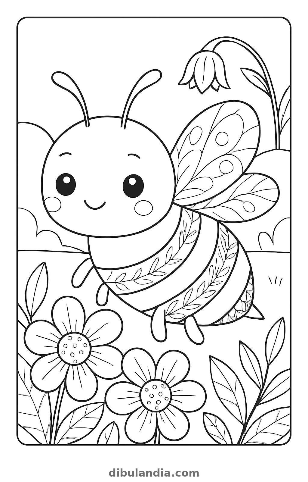 Abeja kawaii, dibujo en blanco y negro para colorear