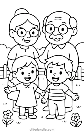Una mujer mayor con moño y un hombre mayor con bigote detrás de una niña y un niño en un jardín, dibujo para colorear