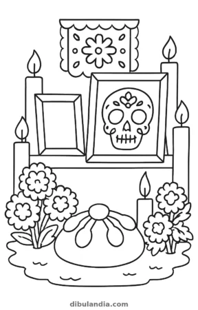Altar de Día de Muertos, dibujo en blanco y negro para colorear