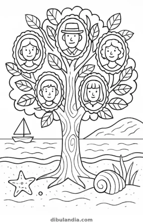 Árbol de la familia, dibujo en blanco y negro para colorear