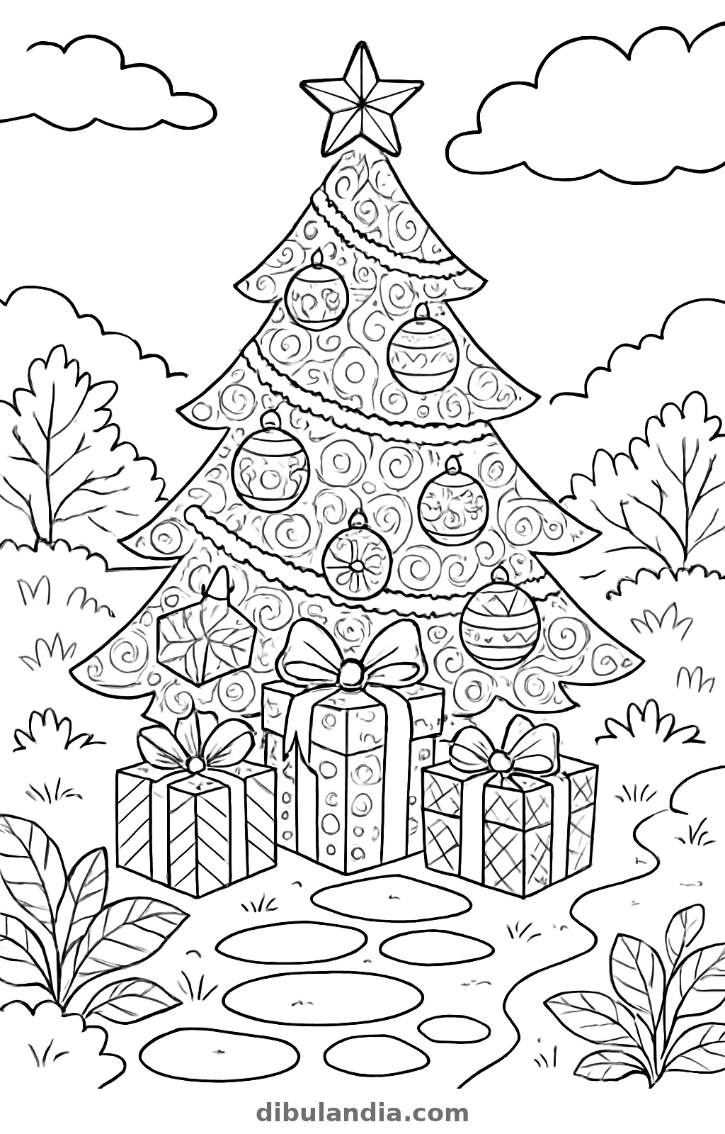 Árbol de Navidad con estrella, bolas y guirnaldas, y tres regalos a sus pies junto a un camino de piedras, dibujo para colorear