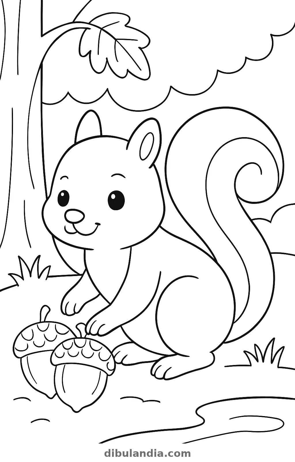 Ardilla sonriente con la cola enrollada junto a dos bellotas al pie de un árbol, dibujo para colorear