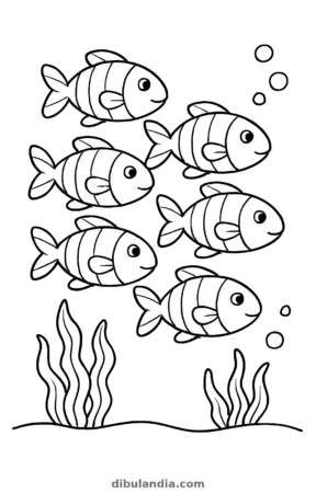 Banco de peces, dibujo en blanco y negro para colorear