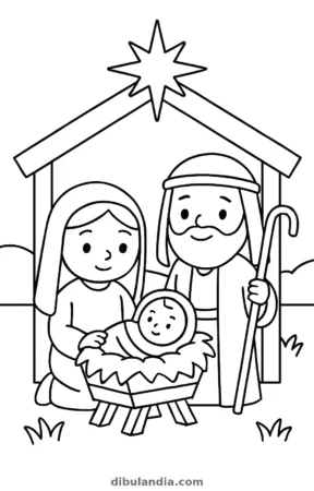 Belén con el portal y la estrella, dibujo en blanco y negro para colorear