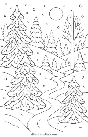 Bosque nevado, dibujo en blanco y negro para colorear