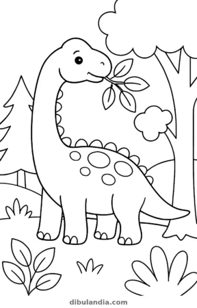 Braquiosaurio comiendo hojas, dibujo en blanco y negro para colorear