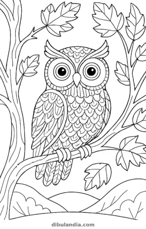 Búho en un árbol de otoño, dibujo en blanco y negro para colorear