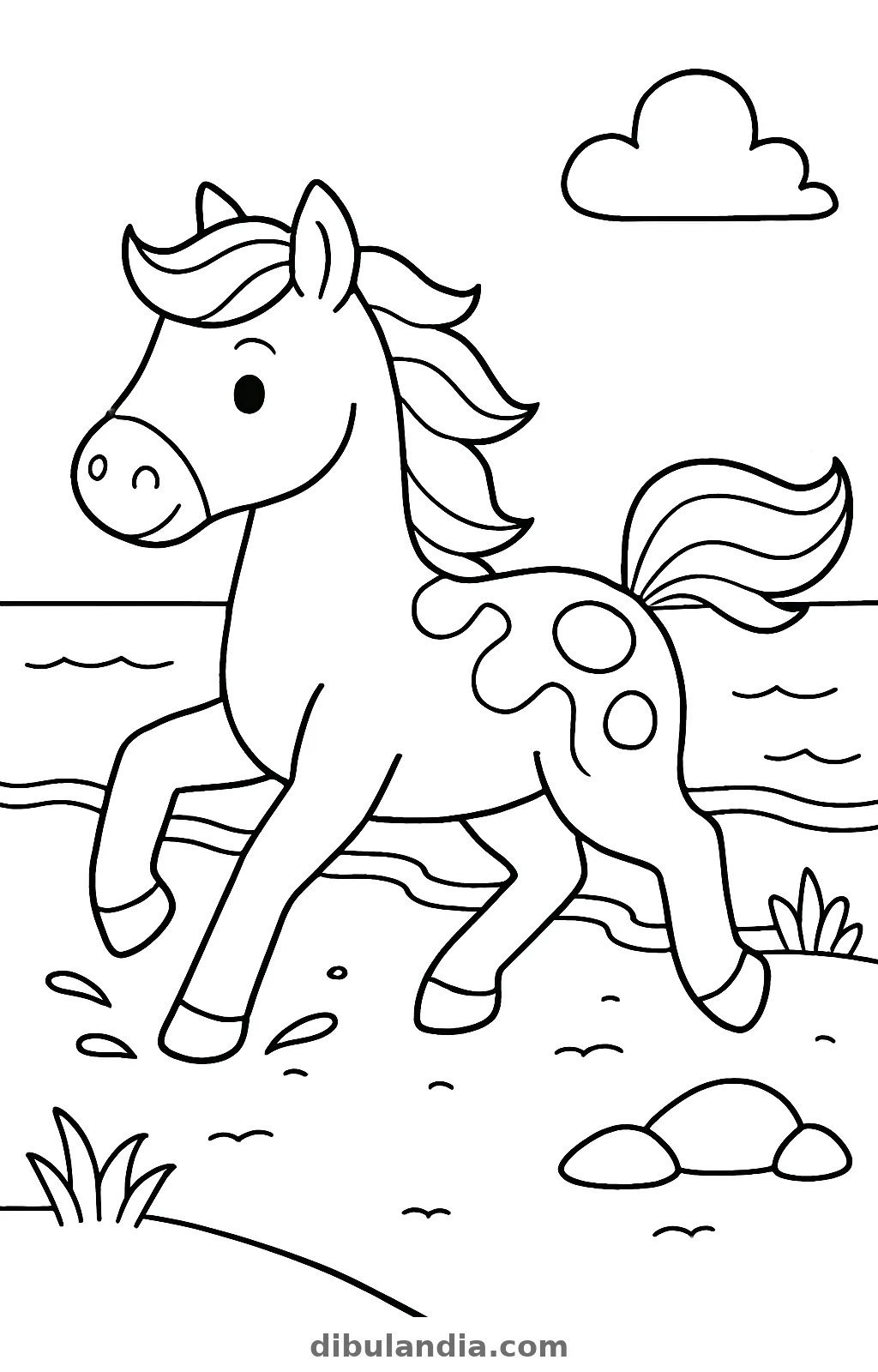 Caballo con manchas corriendo por la orilla del mar junto a unas piedras, dibujo para colorear