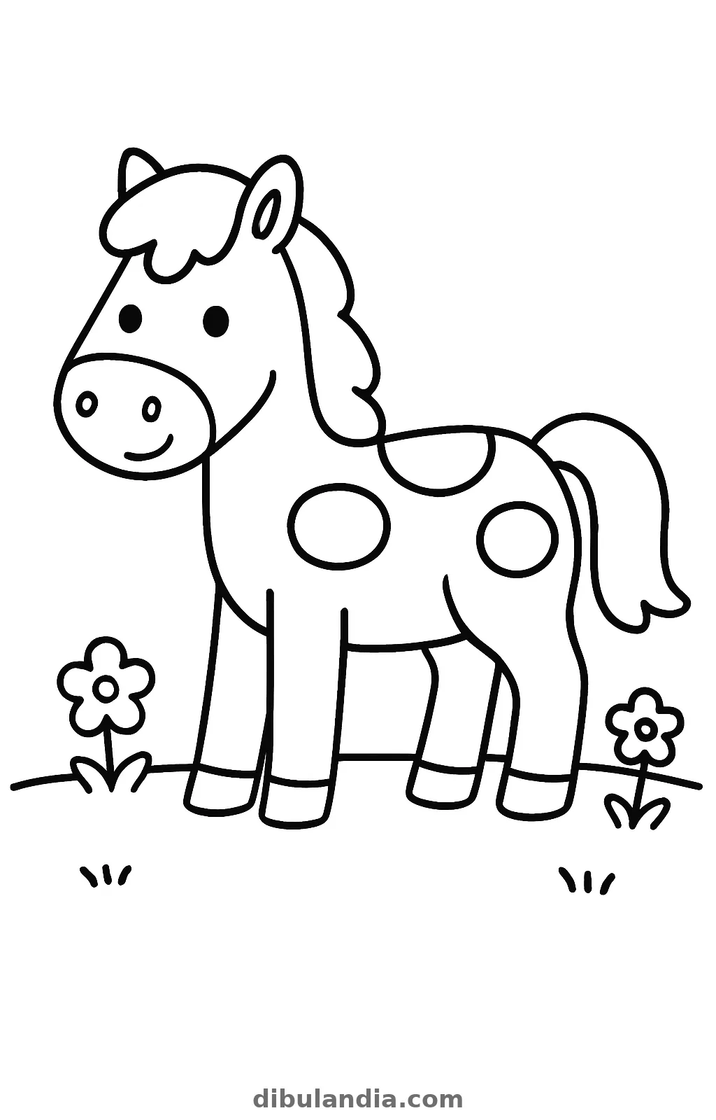 Caballo sonriente con tres manchas de pie entre dos flores, dibujo para colorear