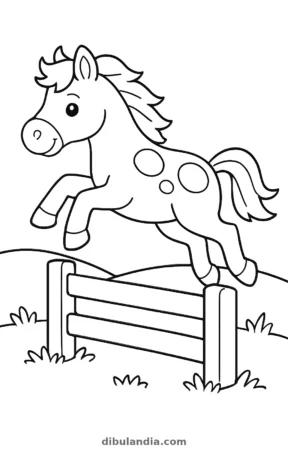 Caballo saltando una valla, dibujo en blanco y negro para colorear