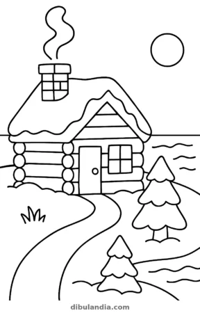 Cabaña en la nieve, dibujo en blanco y negro para colorear