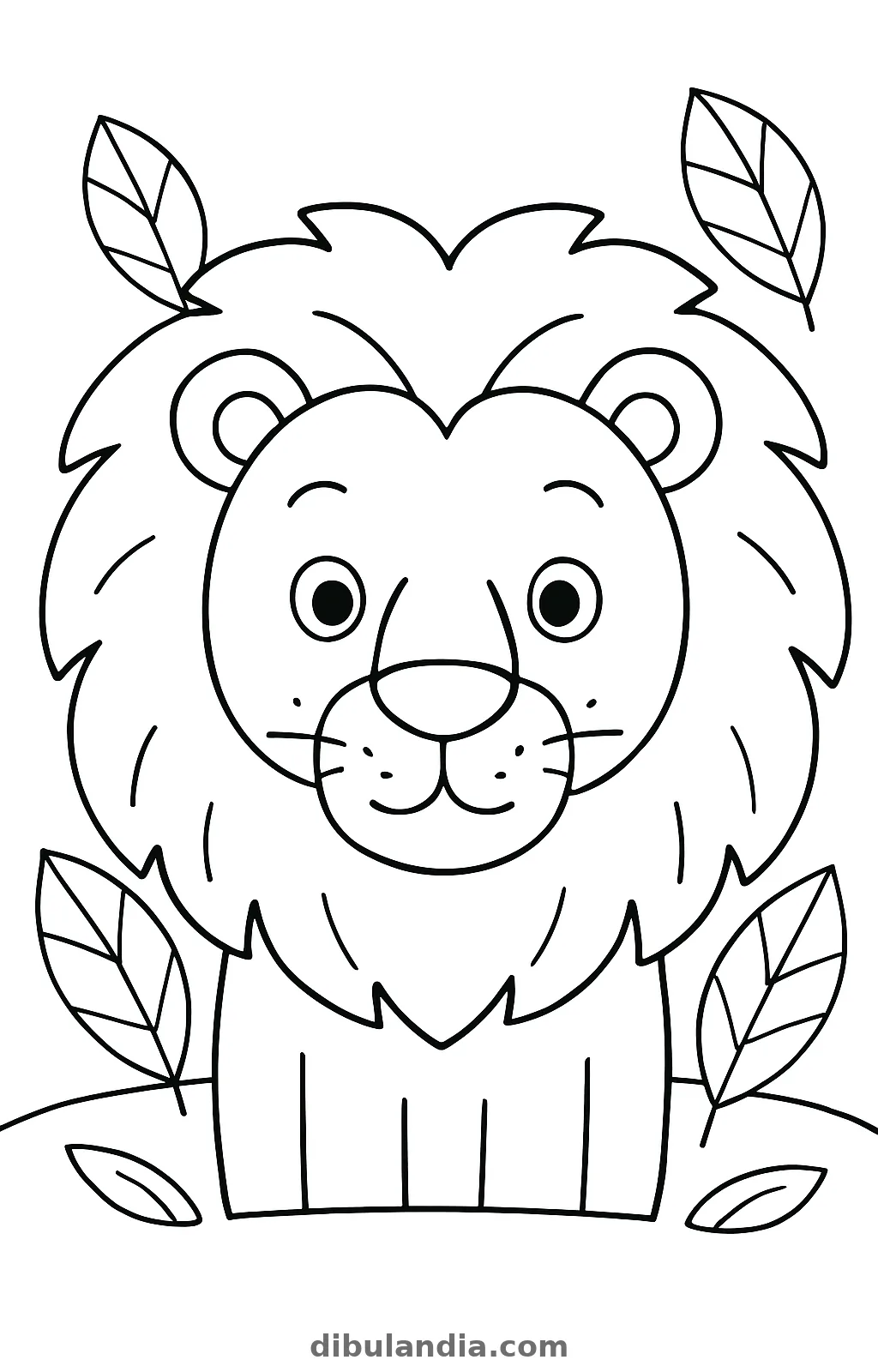 Cabeza de león con una melena grande de picos rodeada de hojas, dibujo para colorear