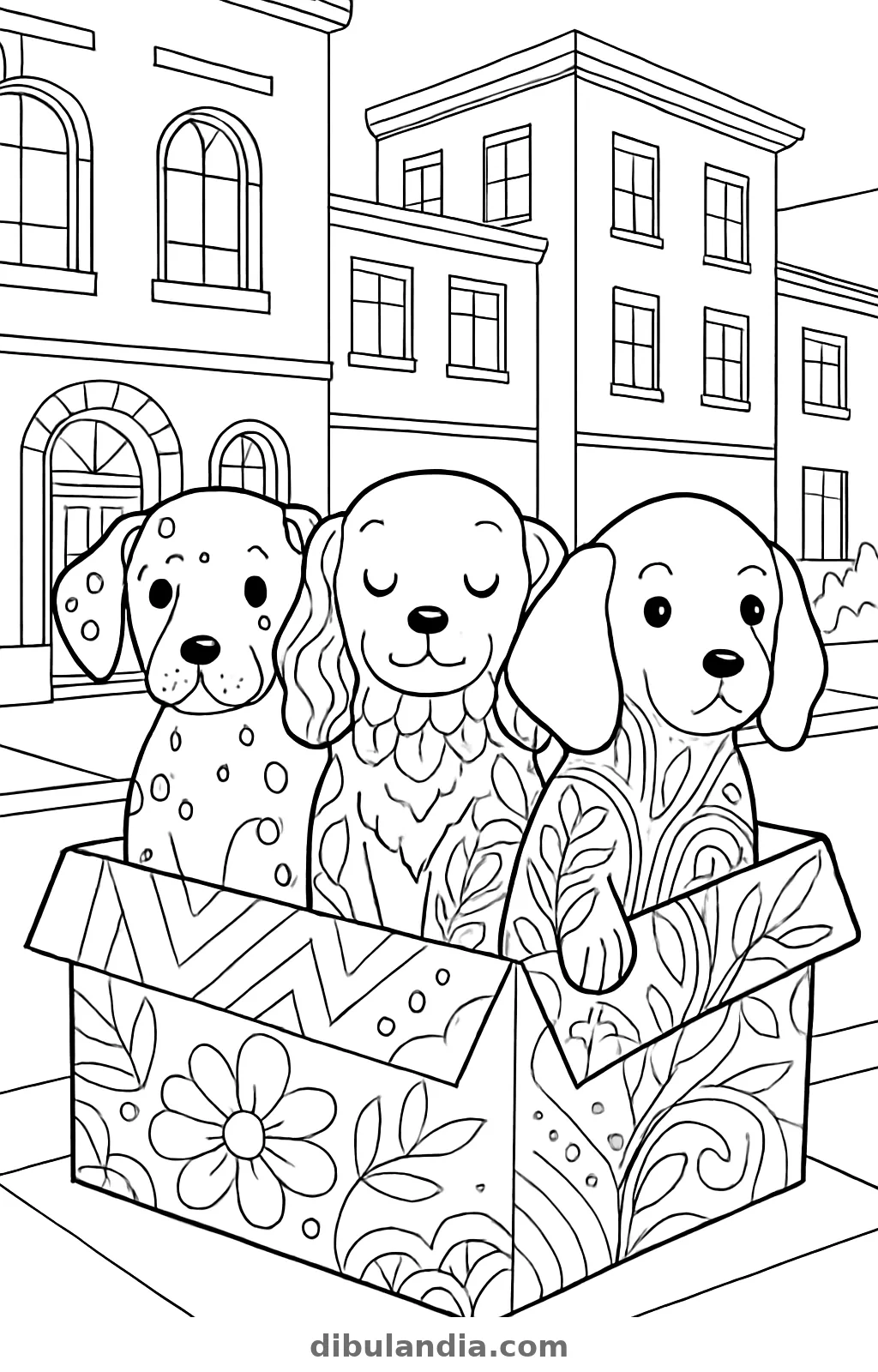 Cachorros en una caja, dibujo en blanco y negro para colorear