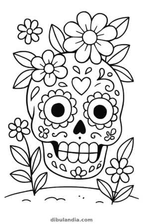 Calavera de azúcar con flores, dibujo en blanco y negro para colorear