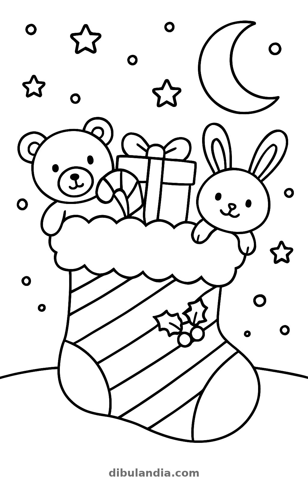Calcetín de Navidad de rayas con un osito, un conejito, un regalo y un bastón de caramelo bajo la luna, dibujo para colorear