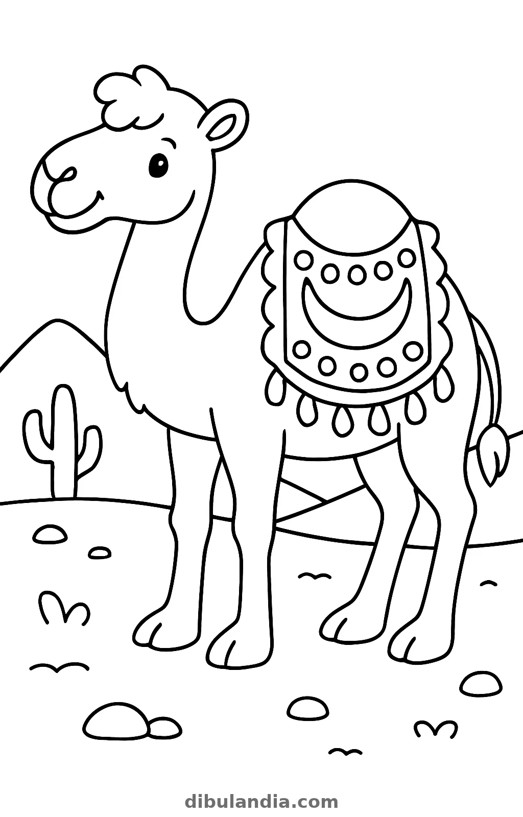 Camello sonriente con una manta decorada sobre la joroba, junto a un cactus, dibujo para colorear