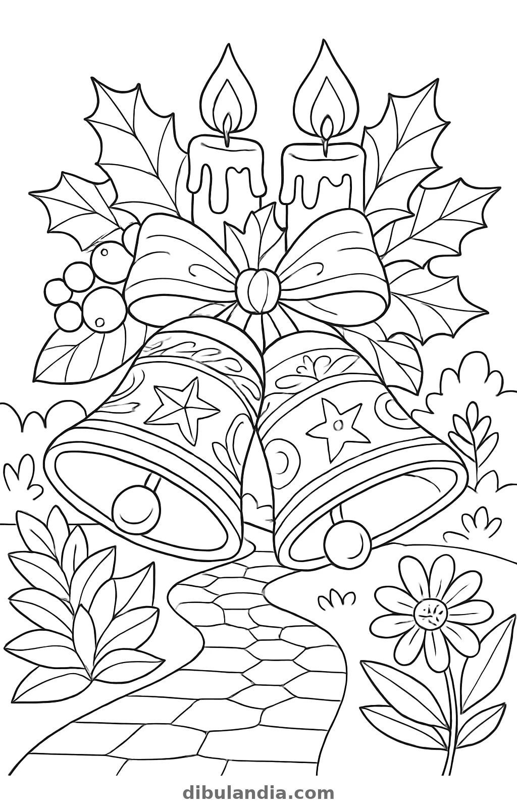 Dos campanas con estrellas y un lazo, dos velas encendidas y hojas de acebo sobre un camino de adoquines, dibujo para colorear