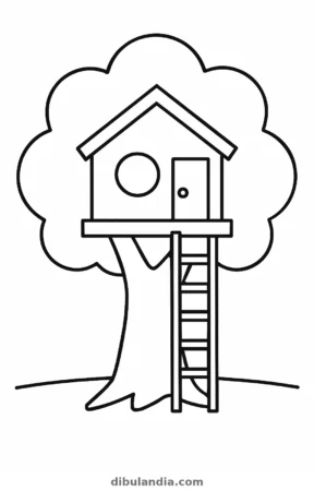 Casa del árbol, dibujo en blanco y negro para colorear