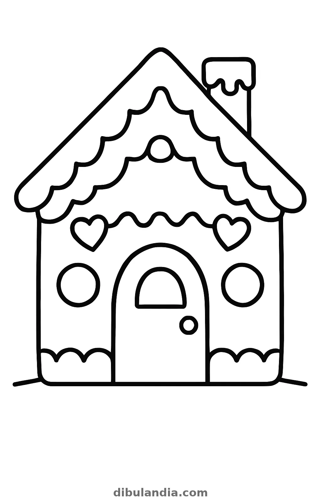 Casita de jengibre con tejado de glaseado, corazones, ventanas redondas y puerta, dibujo para colorear