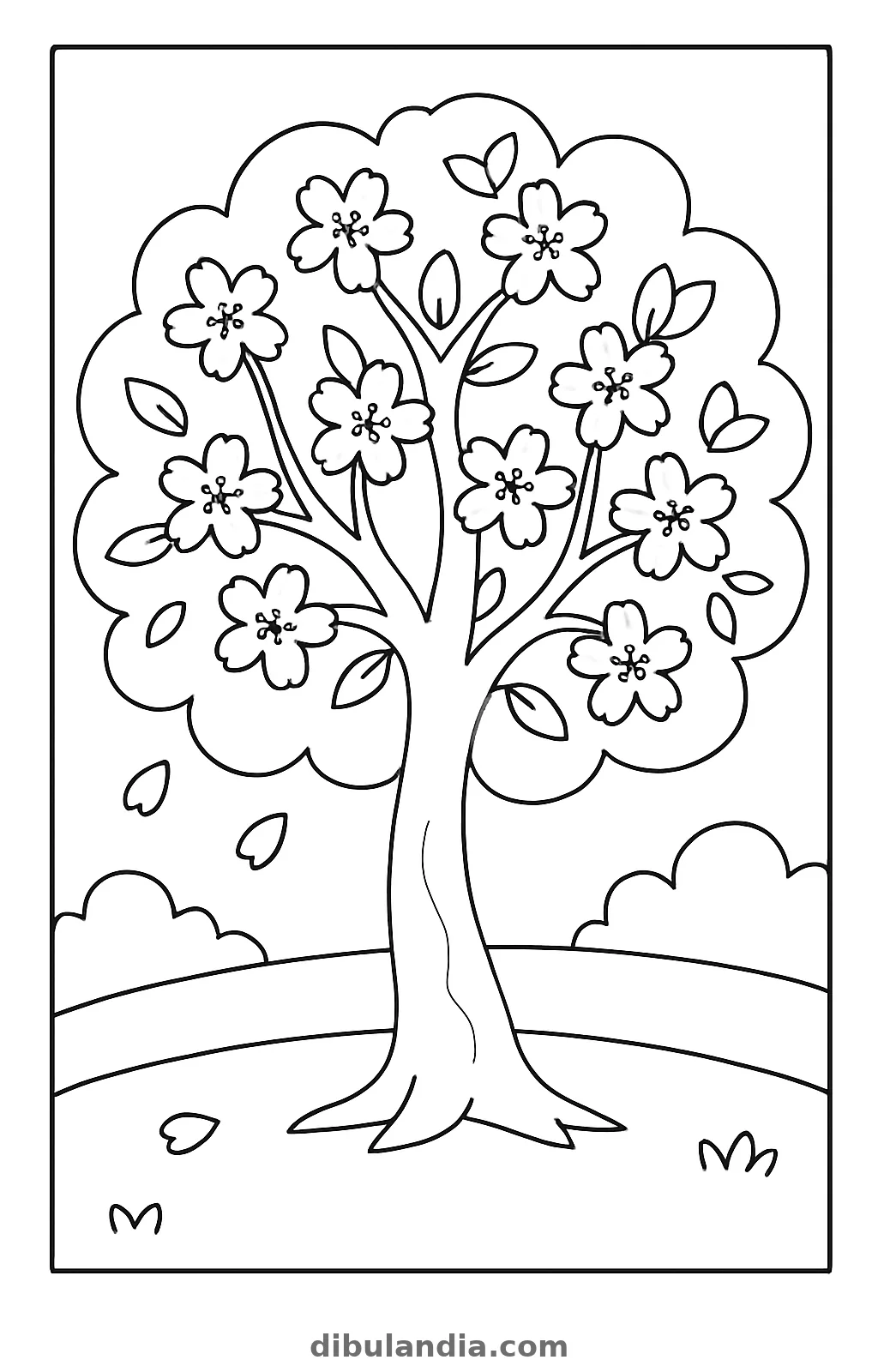 Cerezo en flor, dibujo en blanco y negro para colorear