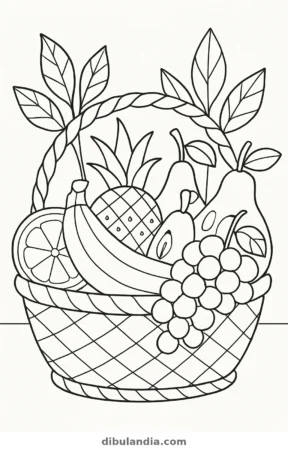 Cesta de frutas, dibujo en blanco y negro para colorear