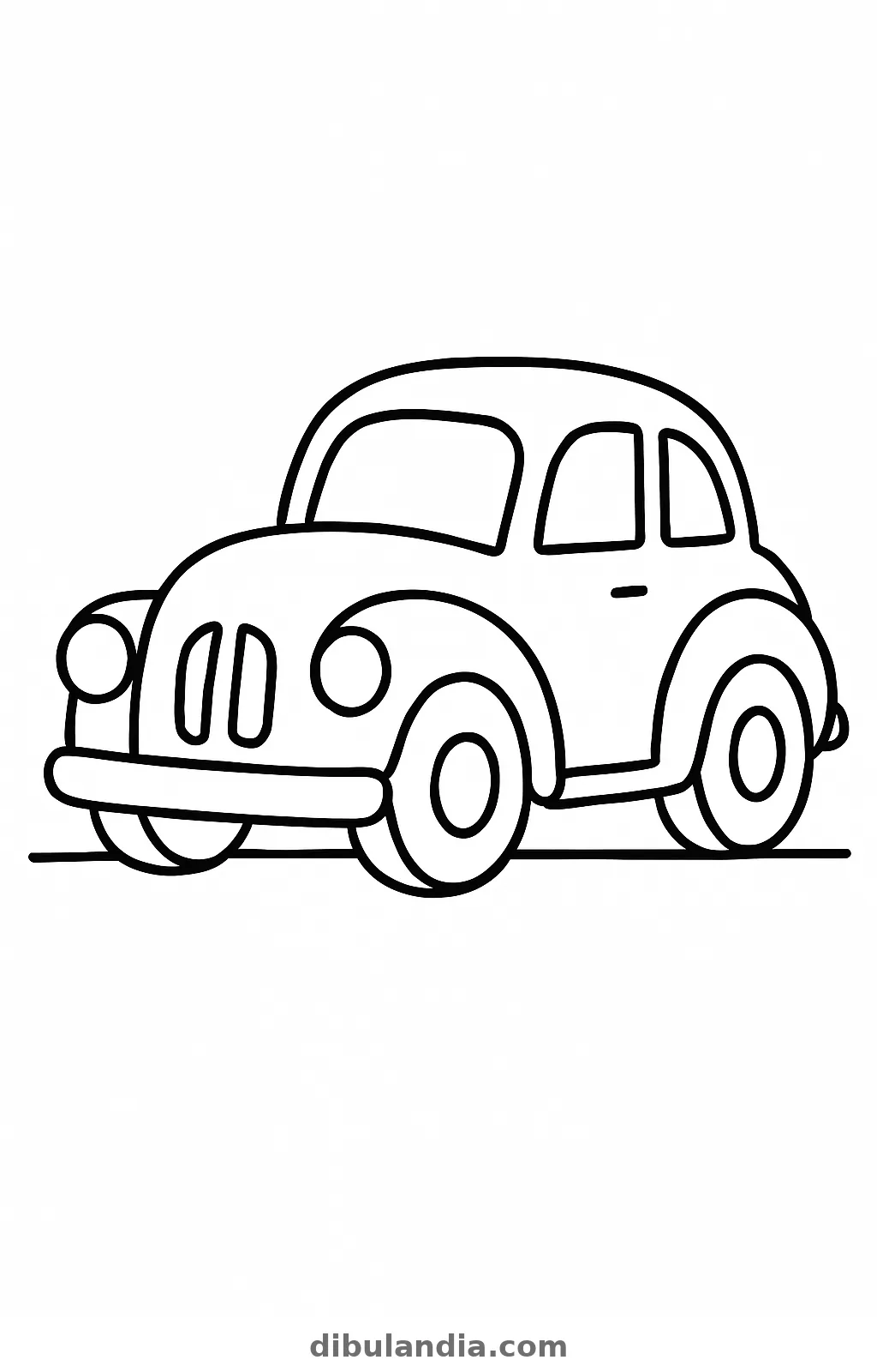 Coche antiguo de formas redondas con dos faros sobre una línea de suelo, dibujo para colorear