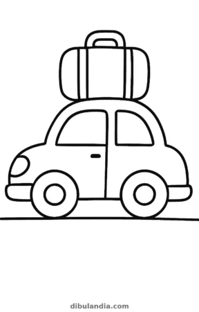 Coche de viaje con maleta, dibujo en blanco y negro para colorear
