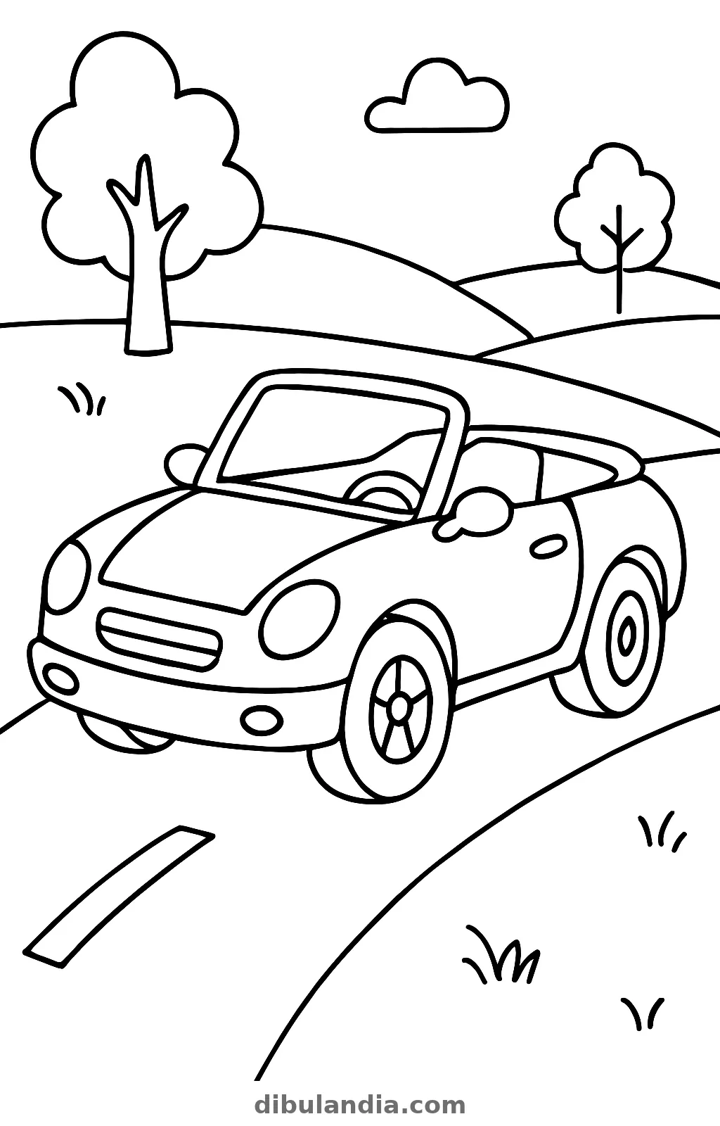 Coche descapotable, dibujo en blanco y negro para colorear