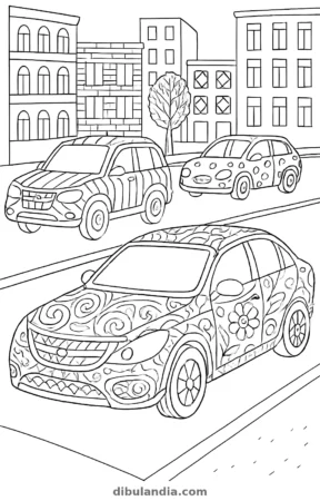 Coches en la ciudad, dibujo en blanco y negro para colorear