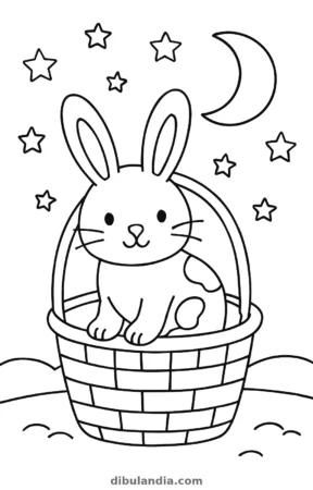 Conejo en una cesta, dibujo en blanco y negro para colorear