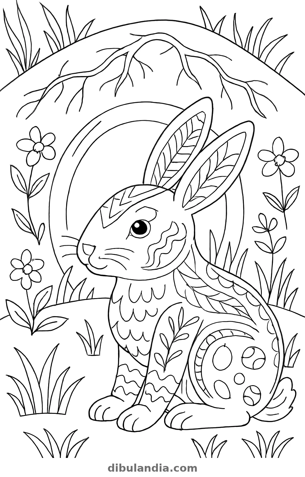 Conejo sentado de perfil, cubierto de adornos, delante de la entrada de su madriguera entre flores, dibujo para colorear