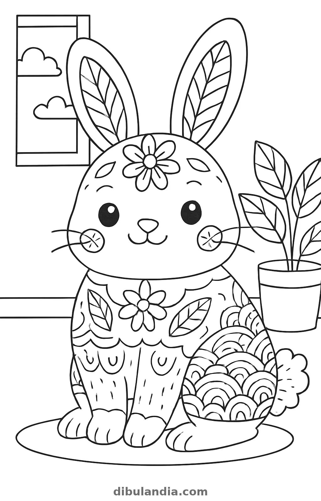 Conejo kawaii, dibujo en blanco y negro para colorear