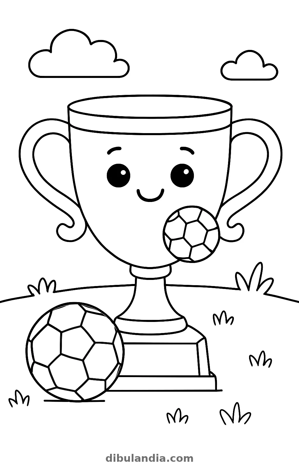 Copa con ojos y sonrisa sobre una base, con un balón pequeño delante y otro grande al lado, dibujo para colorear