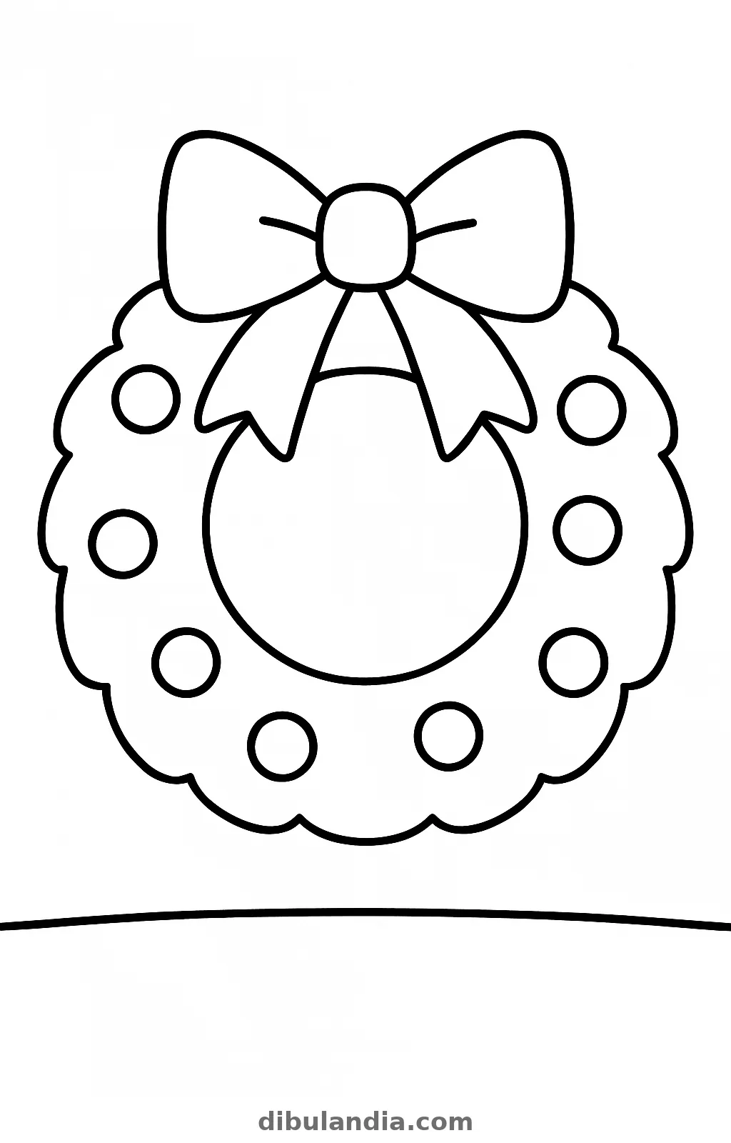 Corona de Navidad redonda con un lazo grande arriba y ocho bolitas, dibujo para colorear