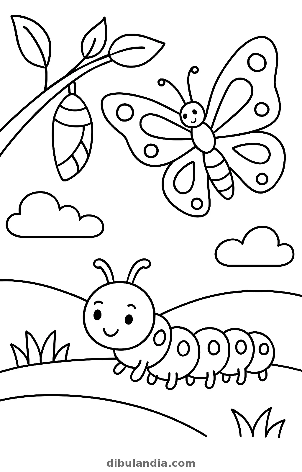 Oruga sonriente, crisálida colgada de una rama y mariposa volando, dibujo para colorear