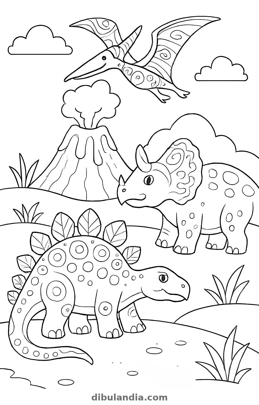 Triceratops, estegosaurio y pterosaurio junto a un volcán humeante, dibujo para colorear
