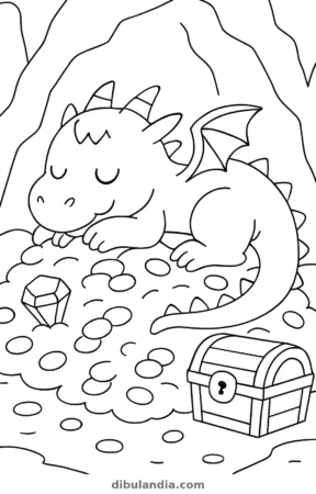 Dragón durmiendo sobre su tesoro, dibujo en blanco y negro para colorear