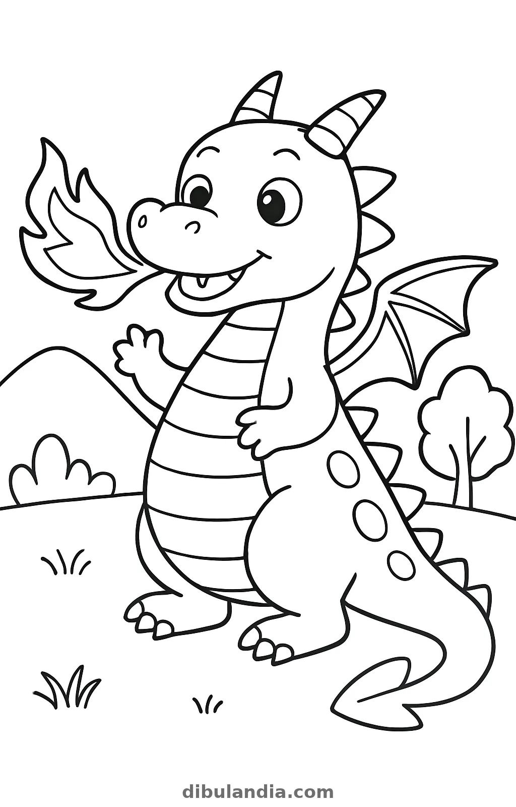 Dragón sonriente de pie echando una llama por la boca junto a un árbol y una montaña, dibujo para colorear