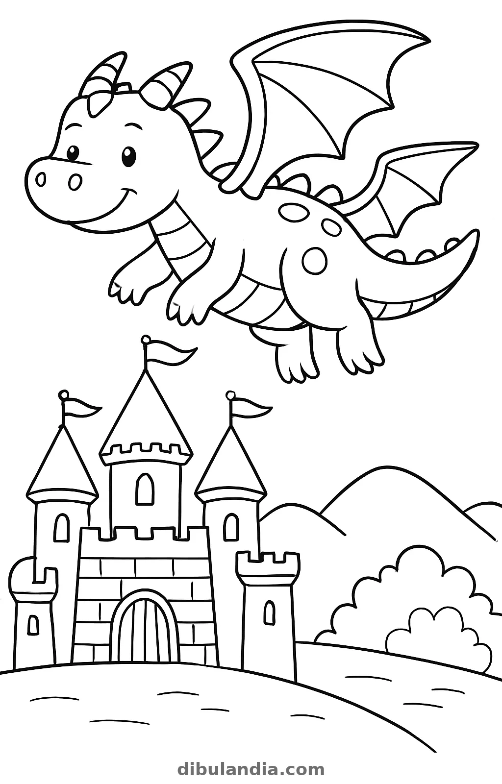 Dragón volando sobre el castillo, dibujo en blanco y negro para colorear
