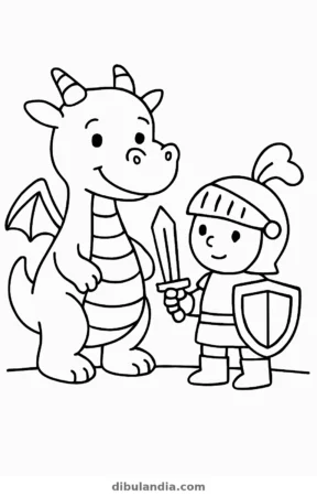 Dragón y caballero, dibujo en blanco y negro para colorear
