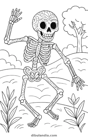 Esqueleto bailando, dibujo en blanco y negro para colorear