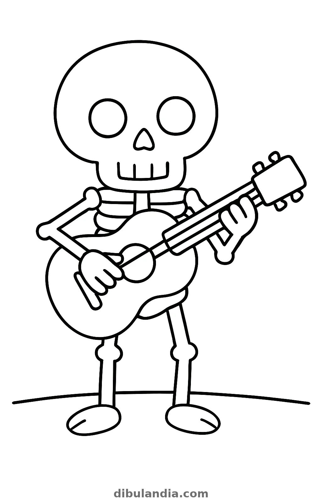 Esqueleto tocando la guitarra, dibujo en blanco y negro para colorear