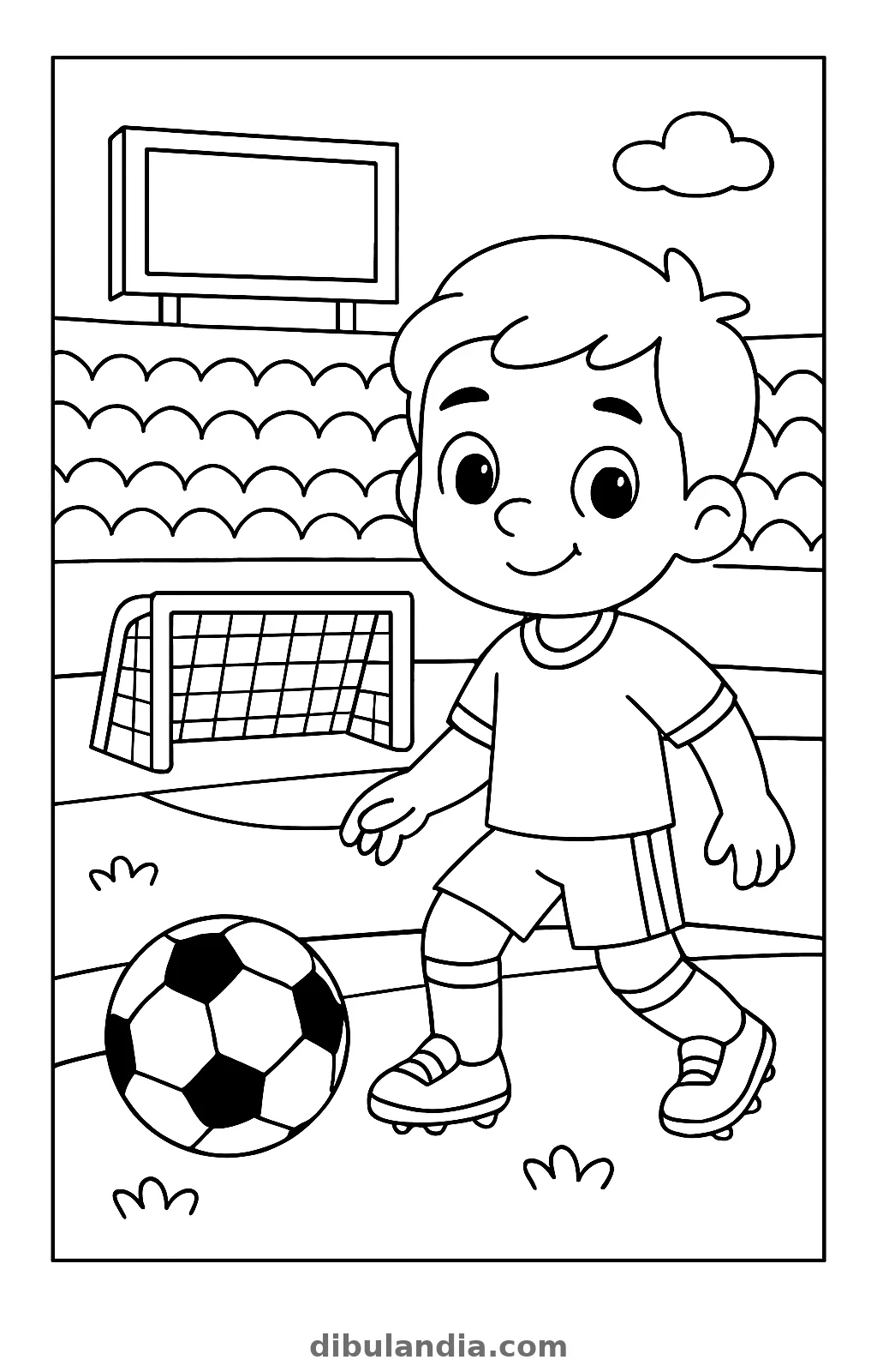 Niño futbolista junto a un balón en un estadio con gradas, marcador y portería al fondo, dibujo para colorear