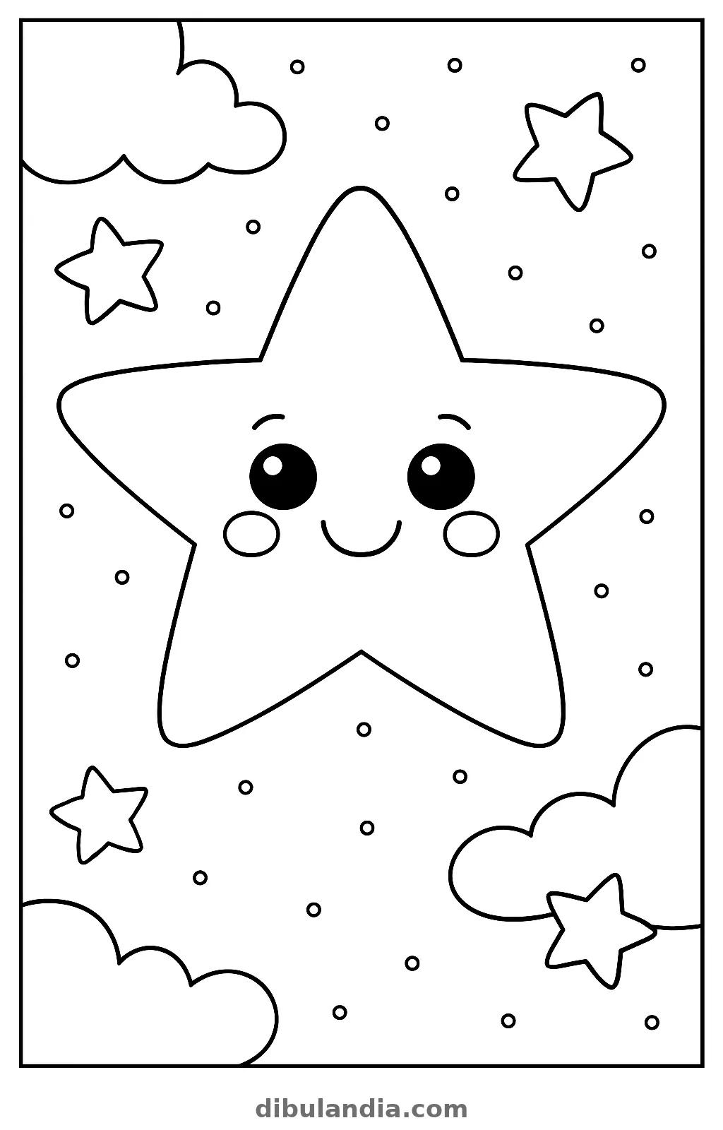 Estrella sonriente con mejillas redondas dentro de un marco con nubes y estrellas pequeñas, dibujo para colorear