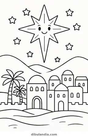 Estrella de Belén sobre el pueblo, dibujo en blanco y negro para colorear