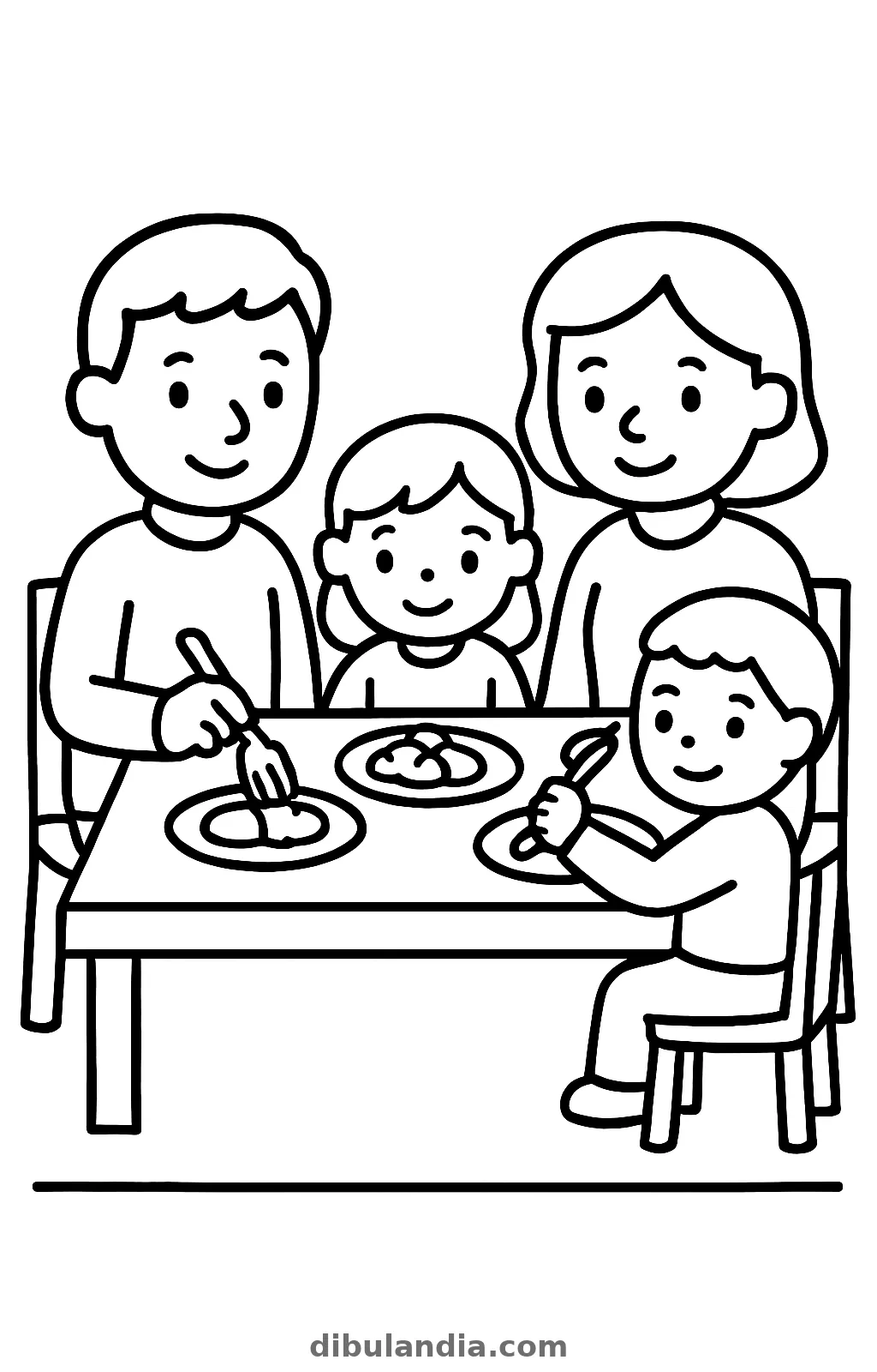 Un hombre, una mujer y dos niños sentados a una mesa con platos, dibujo para colorear