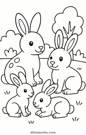 Familia de conejos, dibujo en blanco y negro para colorear
