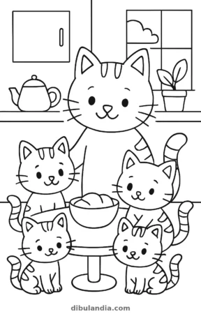 Familia de gatos, dibujo en blanco y negro para colorear