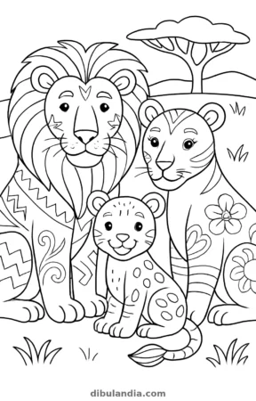 Familia de leones, dibujo en blanco y negro para colorear