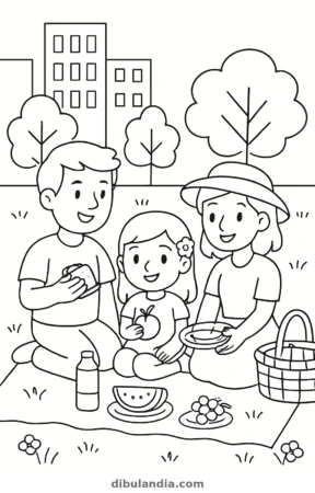 Familia de pícnic en el parque, dibujo en blanco y negro para colorear
